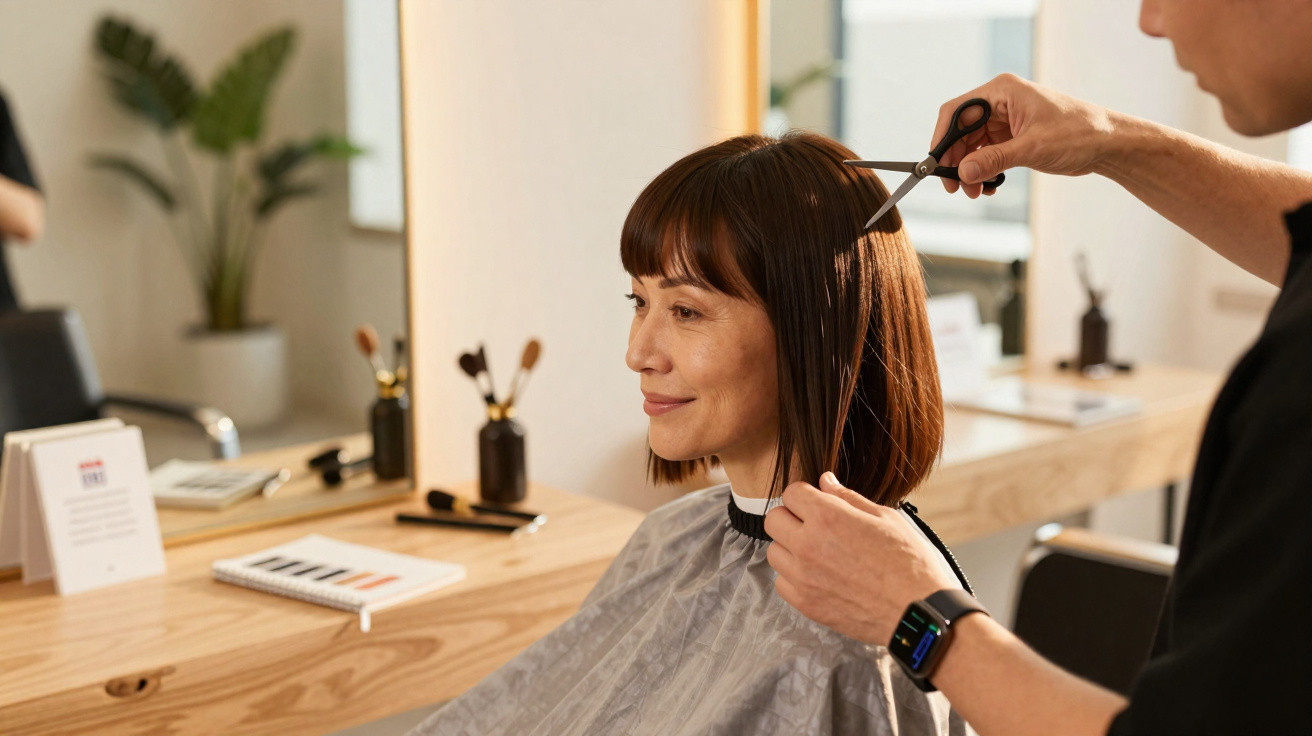 Frau sitzt im Friseursalon, während Friseur ihren braunen Bob-Haarschnitt mit Schere schneidet.