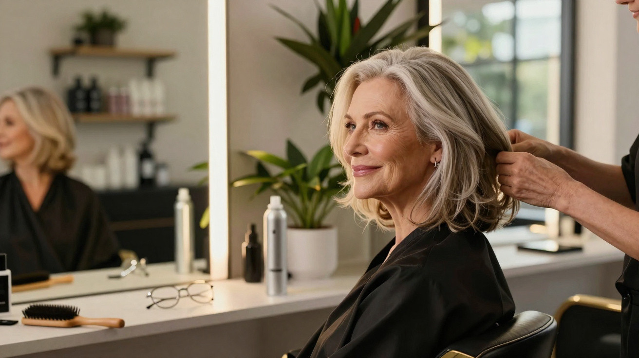 Ältere Frau sitzt im Friseursalon, während Friseur ihre Haare stylt, Spiegel und Pflegeprodukte im Hintergrund.