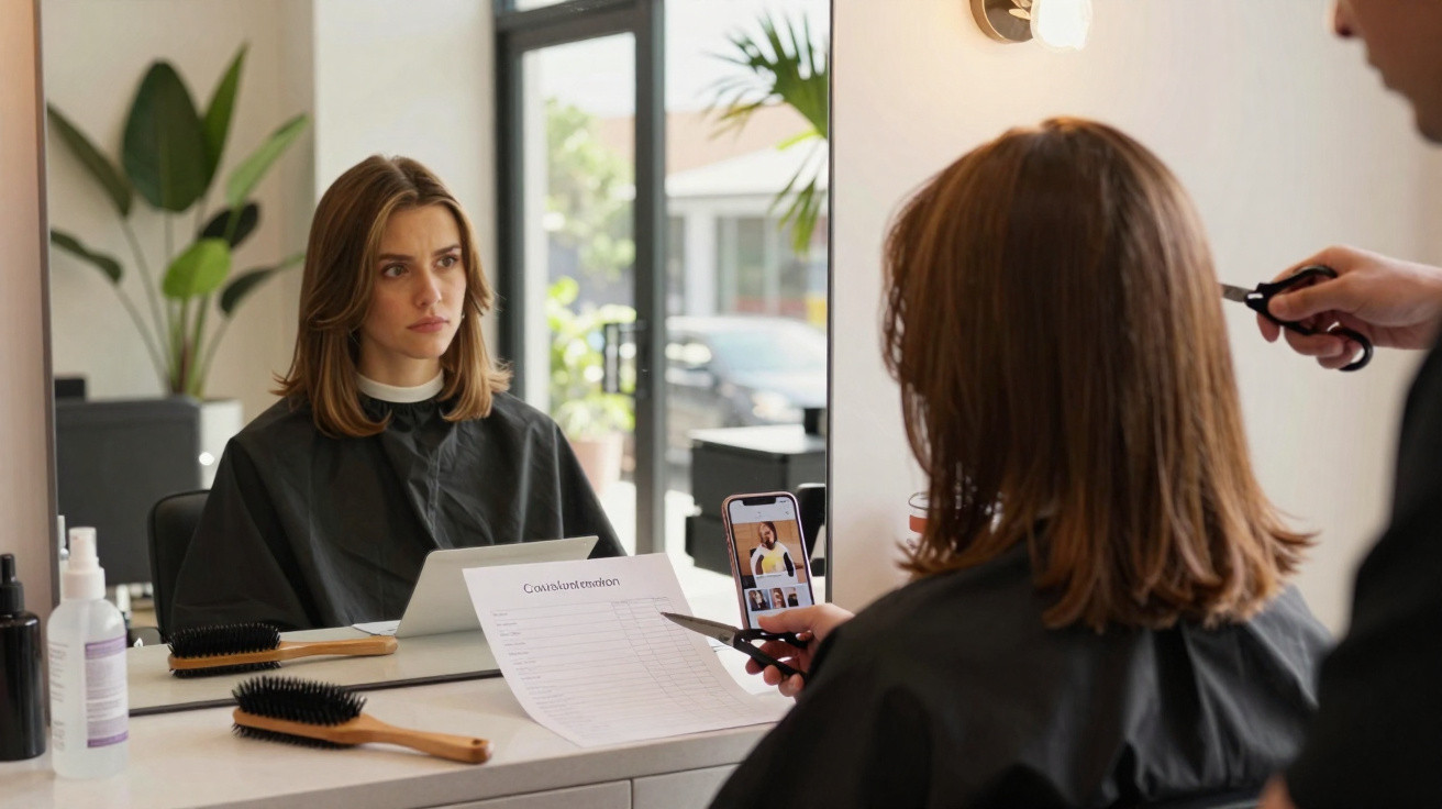 Frau sitzt im Friseursalon, hält Beratungsliste und Smartphone, während Friseur Schere für Haarschnitt ansetzt.