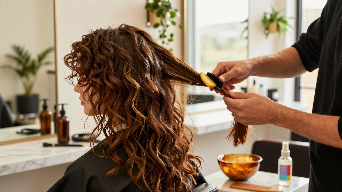 Frisör kämmt lockiges, braunes Haar einer Frau im Salon vor Spiegel mit Flaschen und Pflanzen.