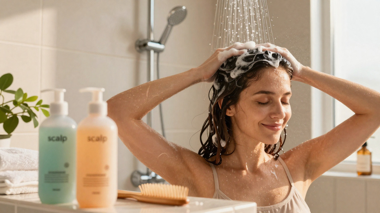 Frau wäscht entspannt Haare mit Shampoo unter der Dusche in hellen Badezimmer.