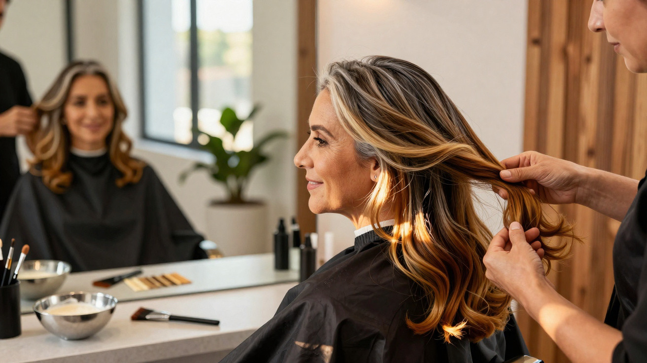 Frau beim Friseurbesuch, die Stylistin inspiziert ihre langen, welligen, blond-gefärbten Haare.