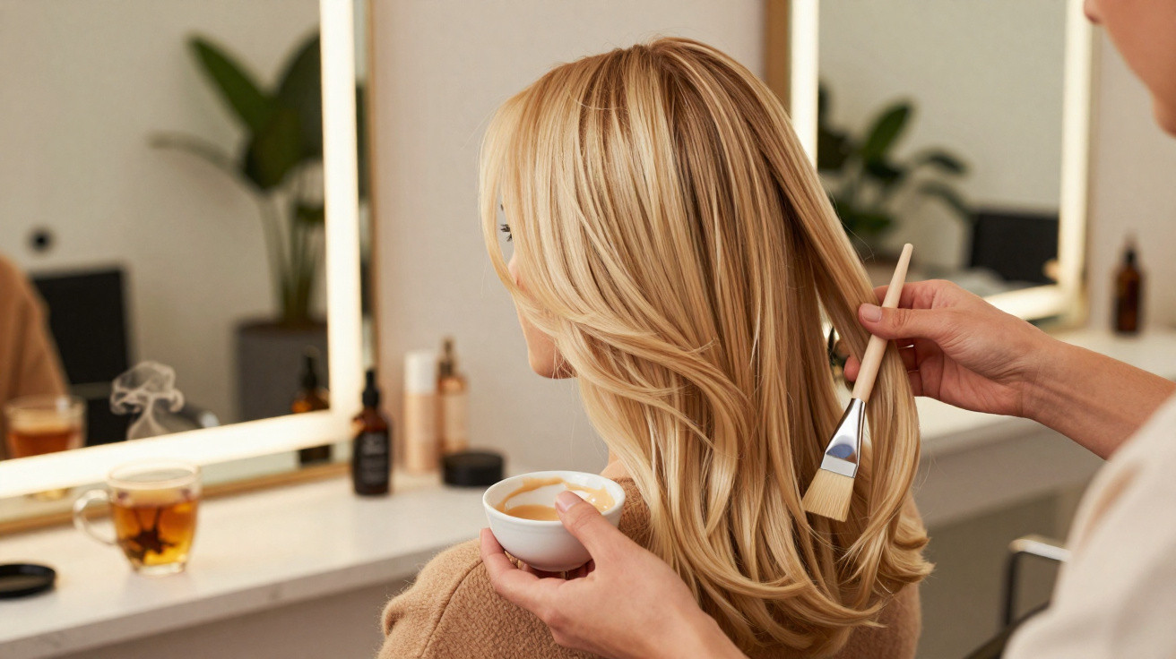 Friseurin trägt mit Pinsel Haarkur auf lange blonde Haare einer Kundin in einem modernen Salon auf.