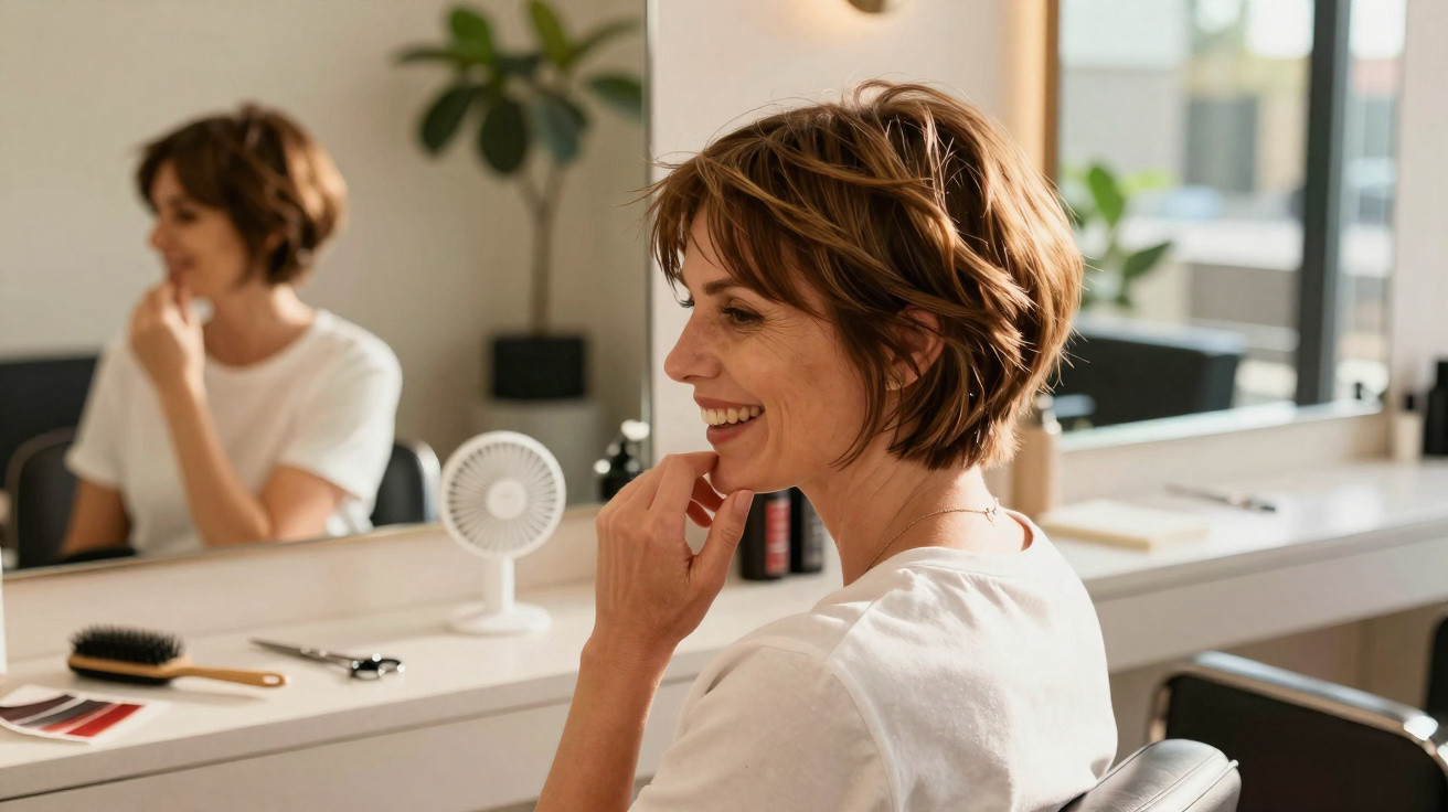 Frau mit kurzem Haar sitzt lächelnd vor Spiegel im Friseursalon, Haarschneidewerkzeuge auf dem Tisch.