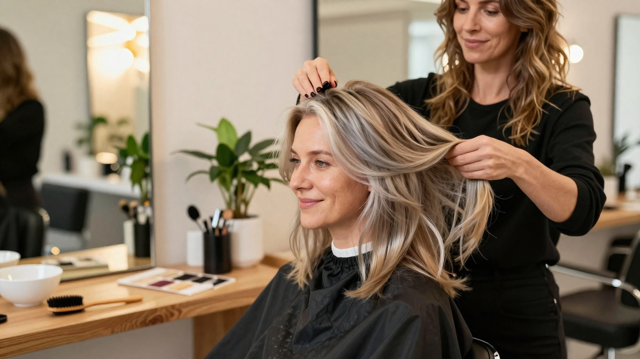 Friseurin stylt blondes Haar einer lächelnden Kundin im modernen Salon vor Spiegel.