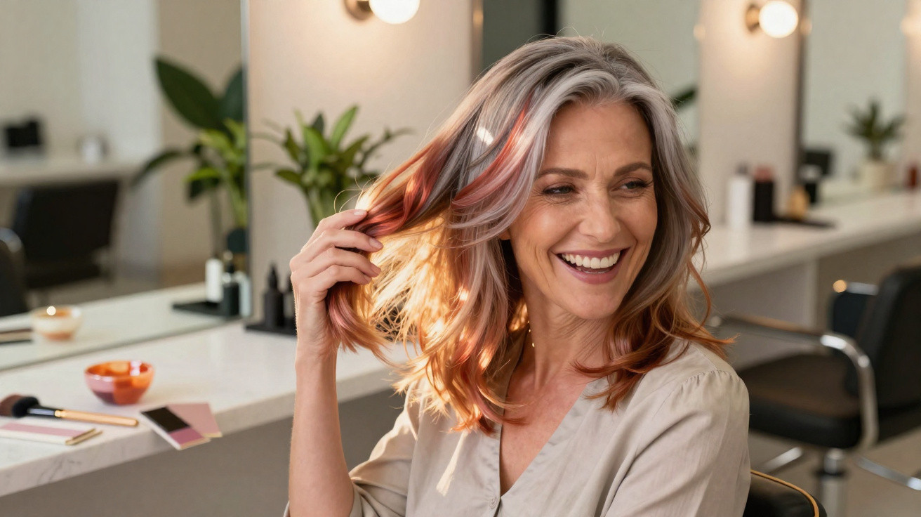 Lachende Frau mit grauen Haaren und rosa Strähnen in Friseursalon vor Spiegel sitzt und trägt helles Oberteil.