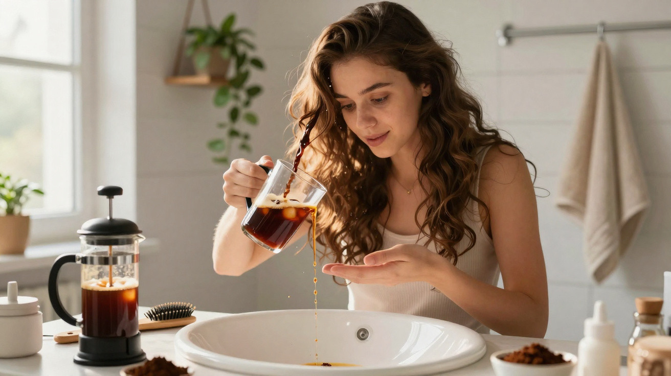 Frau gießt frisch gebrühten Kaffee über ihre Hand über dem Waschbecken in heller Küche.