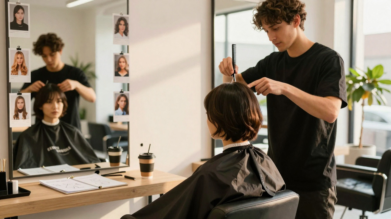Friseurbesuch: Junge Frau bekommt im Salon eine Kurzhaarfrisur vom Friseur geschnitten.