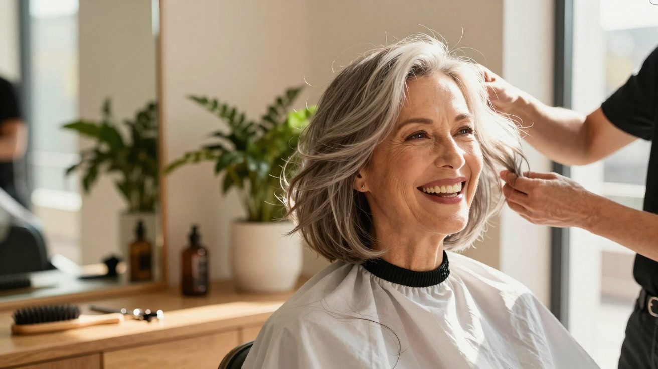 Frau mit grauen Haaren lächelt beim Friseurbesuch in hellem Salon, Friseur stylt ihr Haar.