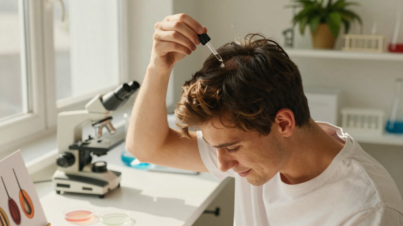 Junger Mann gibt mit Pipette Tropfen auf seine Kopfhaut in hellem Laborzimmer.