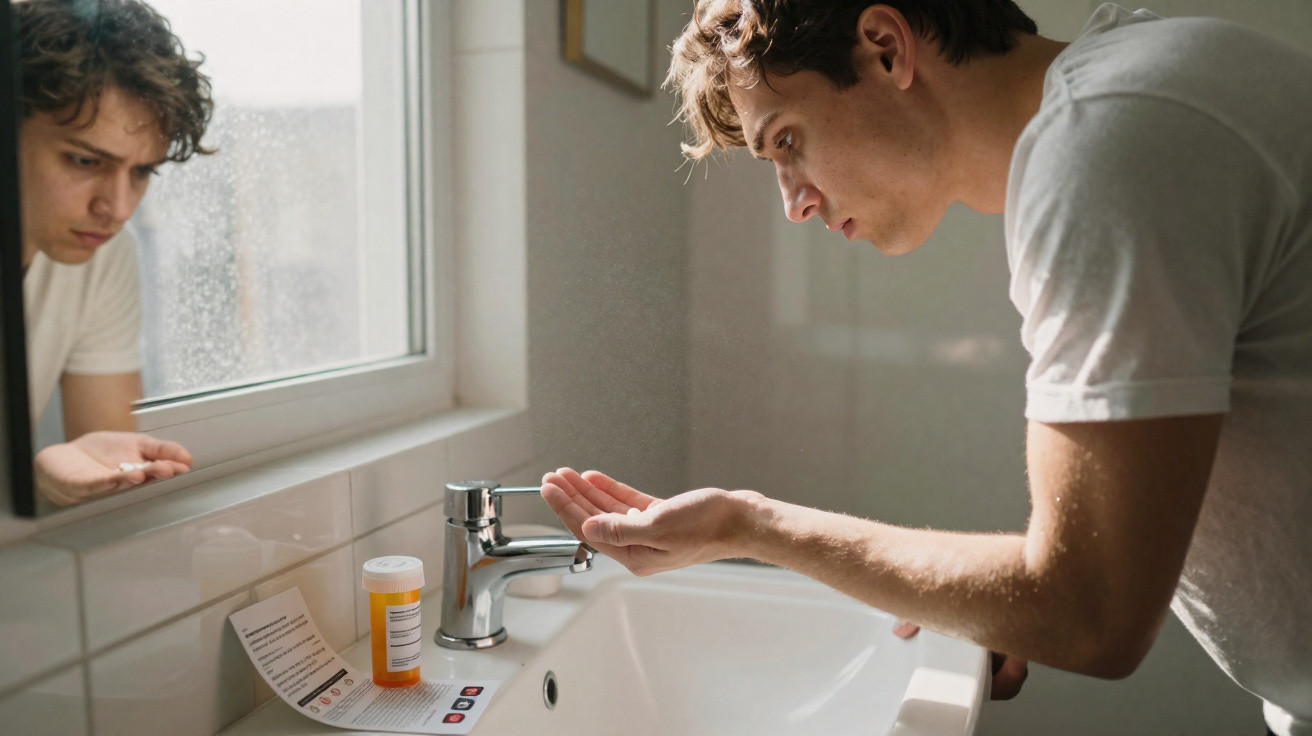 Junger Mann prüft Wassertropfen an der Hand über Waschbecken mit Medikamenten und Anleitung.