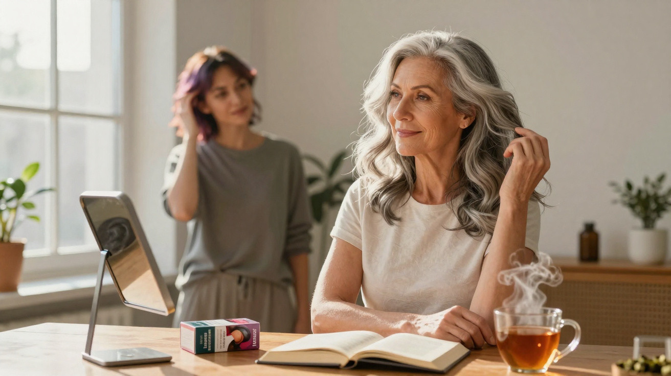 Zwei Frauen in heller Küche, ältere Frau sitzt lächelnd mit Buch und Tee, jüngere steht im Hintergrund.