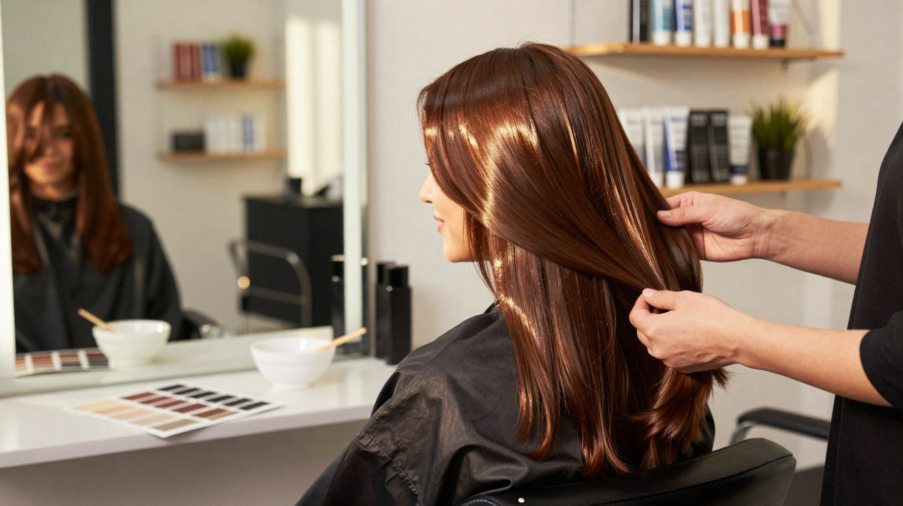 Frau mit langen braunen Haaren sitzt im Friseursalon, Friseur hält ihr Haar in der Hand.