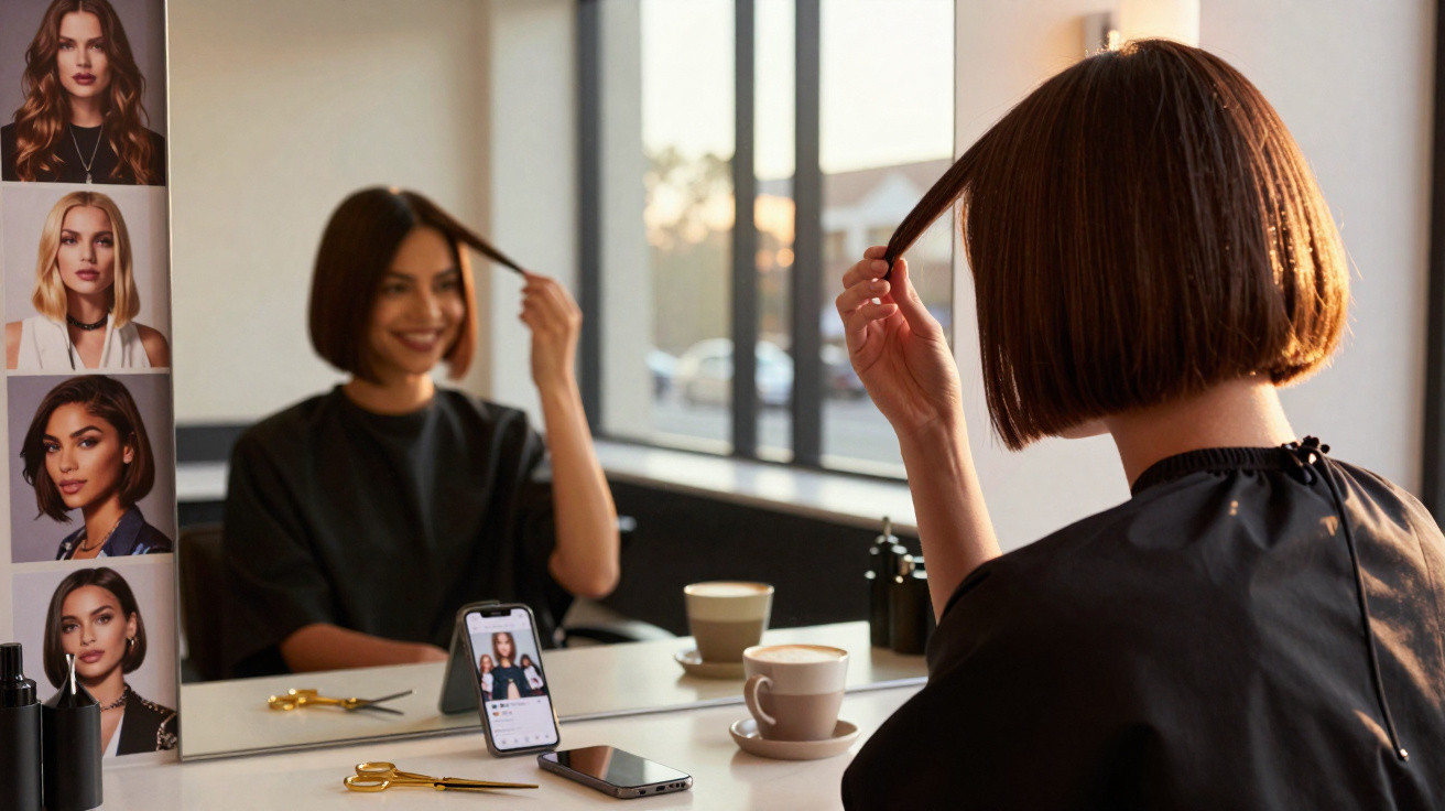 Frau mit Bob-Frisur betrachtet sich lächelnd im Friseursalon-Spiegel, vor ihr Schere, Handy und Kaffee.