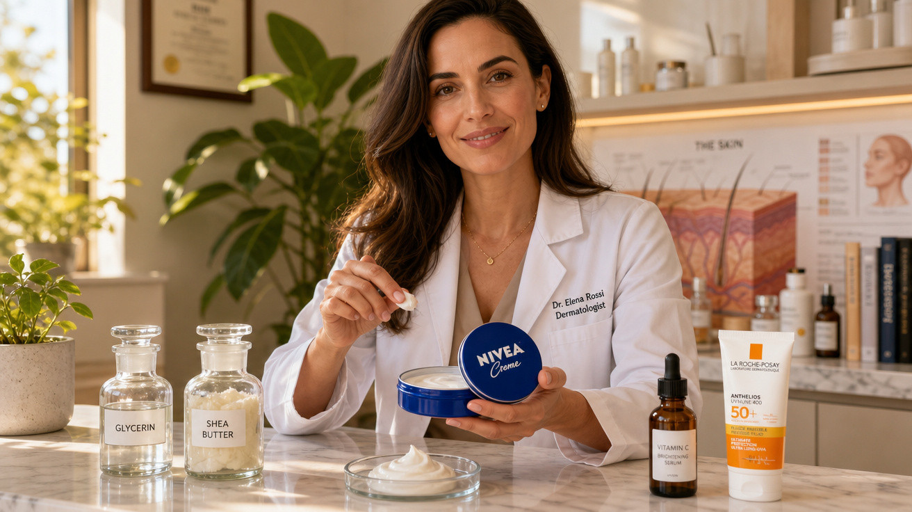 Dermatologin mit weißem Kittel zeigt Nivea Creme neben Hautpflegeprodukten und Naturzutaten auf Tisch.