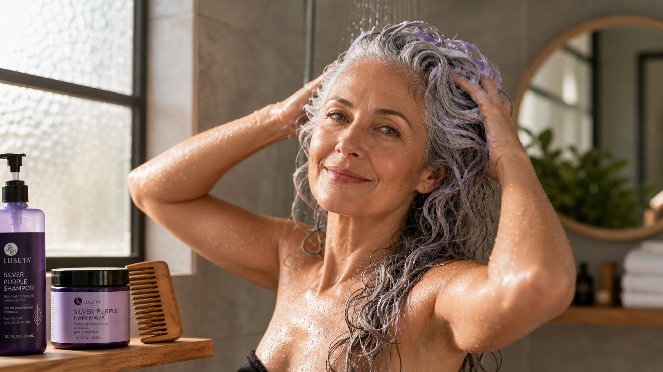 Frau mit grauem Haar wäscht Haare mit violettem Shampoo und Haarmaske im Badezimmer.