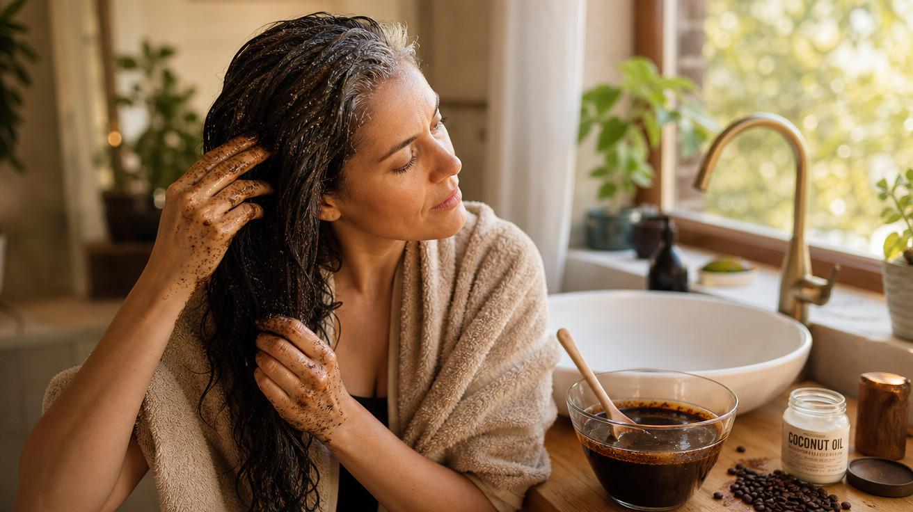 Frau trägt Peeling aus Kaffeesatz und Kokosöl im Bad auf ihre nassen Haare auf.
