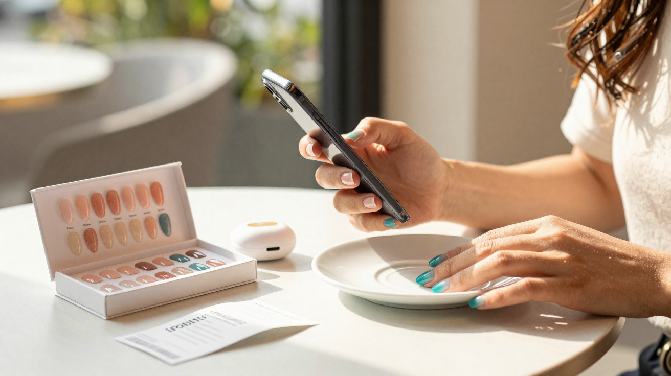 Frau testet Nagelstickerfarben und macht ein Foto mit Smartphone an einem runden Tisch im Tageslicht.