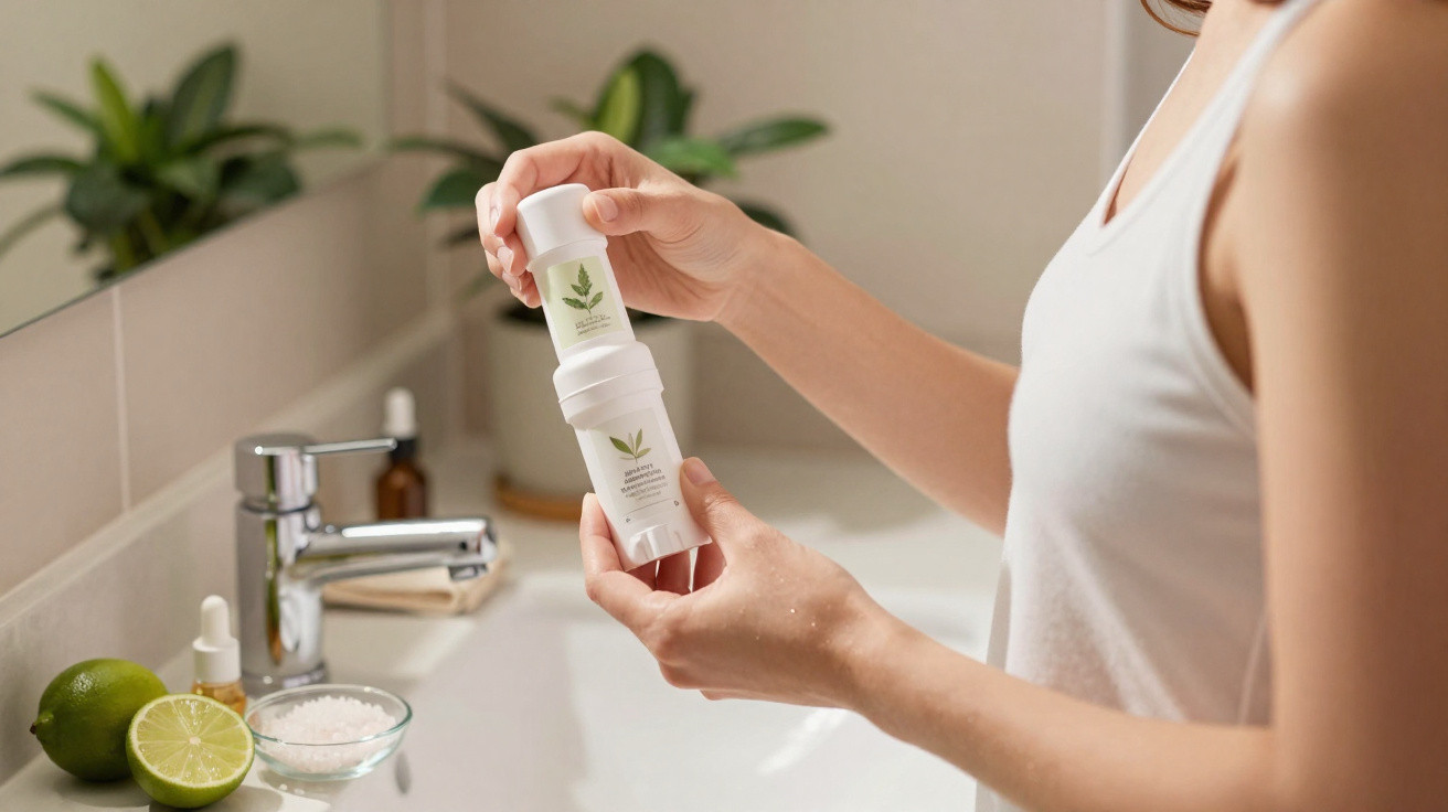 Frau hält in Badezimmer natürliche Kosmetikprodukte mit Pflanzenextrakt neben Waschbecken und Limetten.