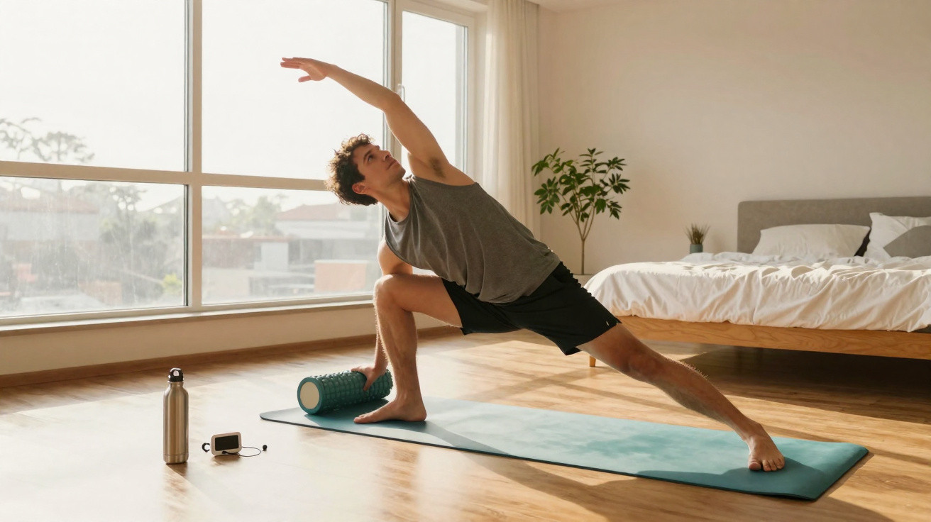 Junger Mann macht Yoga-Dehnübung auf Matte im hellen Schlafzimmer mit Fenster und Pflanzen.