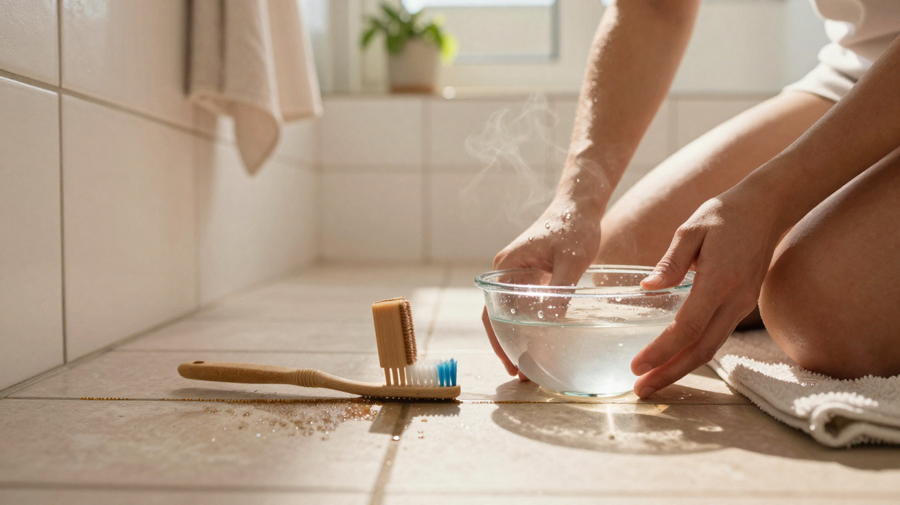 Frau kniet auf Badfliesen, hält Glasschüssel mit dampfendem Wasser, Bambuszahnbürsten liegen auf dem Boden.