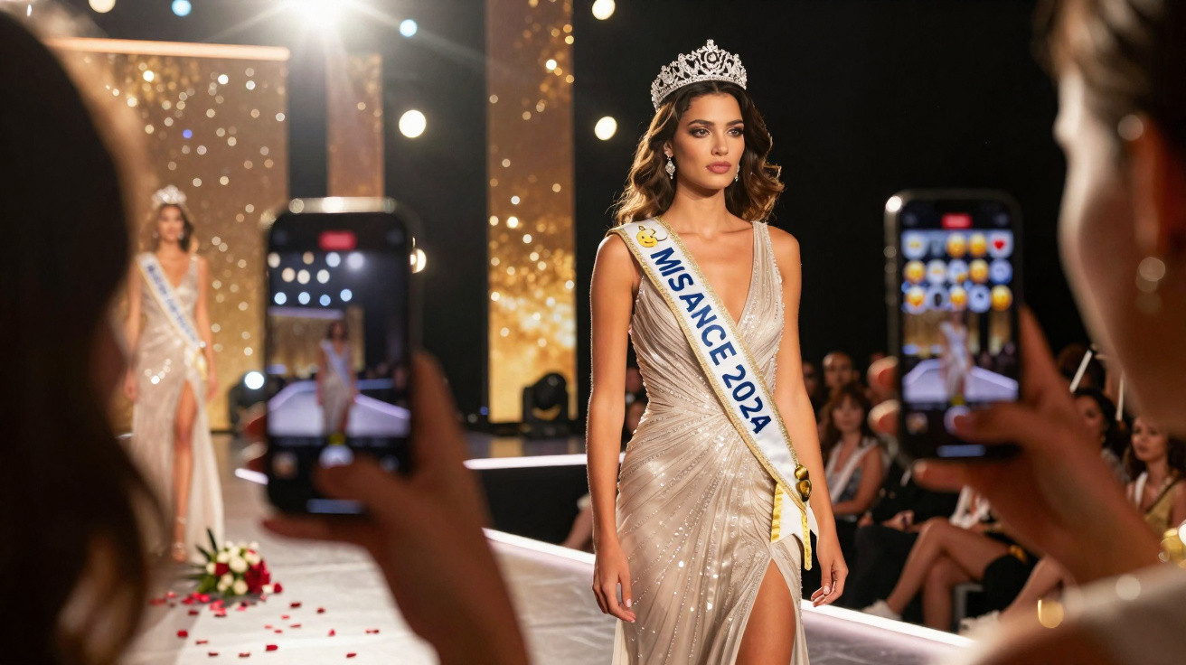 Miss Ance 2024 mit Krone und eleganter Robe auf dem Laufsteg, fotografiert von Zuschauern mit Smartphones.
