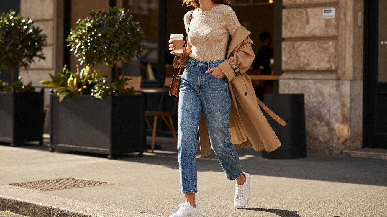 Frau in beigefarbenem Pullover, Jeans und Trenchcoat geht mit Kaffee in der Hand eine sonnige Straßenszene entlang.