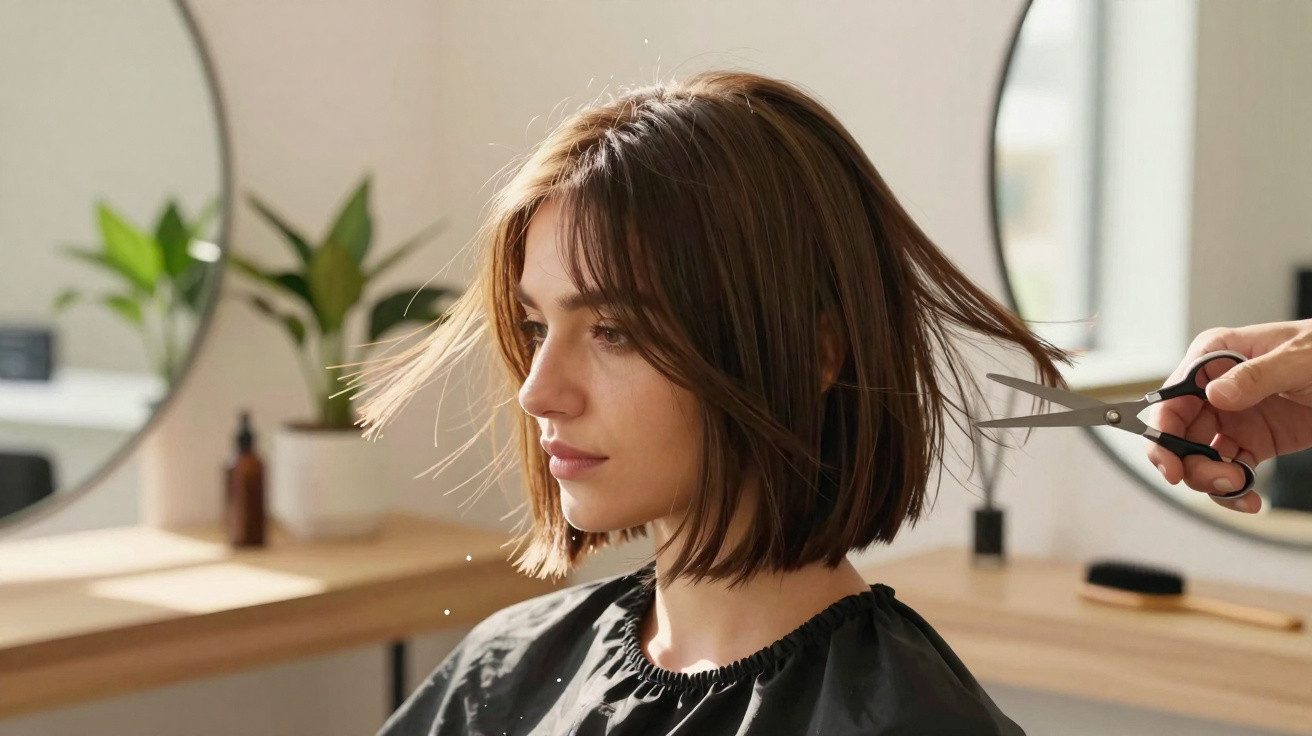 Frau mit kurzen braunen Haaren erhält Haarschnitt in modernem Friseursalon vor großem Spiegel.