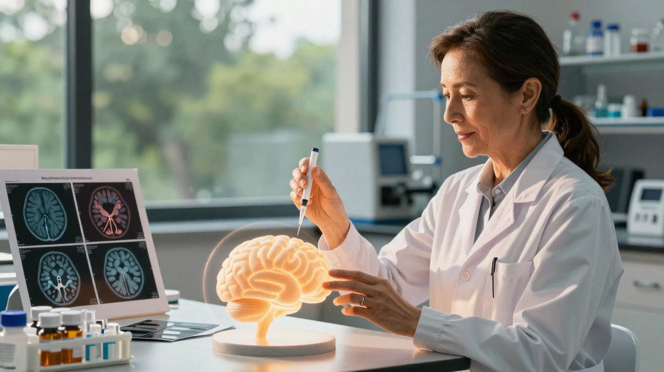Wissenschaftlerin untersucht leuchtendes 3D-Gehirnmodell im Labor mit Gehirnscans im Hintergrund.