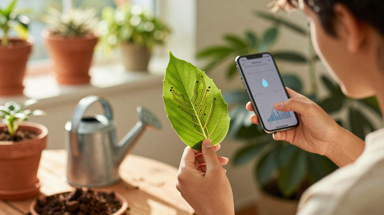 Person hält ein Blatt mit elektronischen Schaltkreisen und überprüft Pflanzenbewässerungsdaten auf Smartphone.
