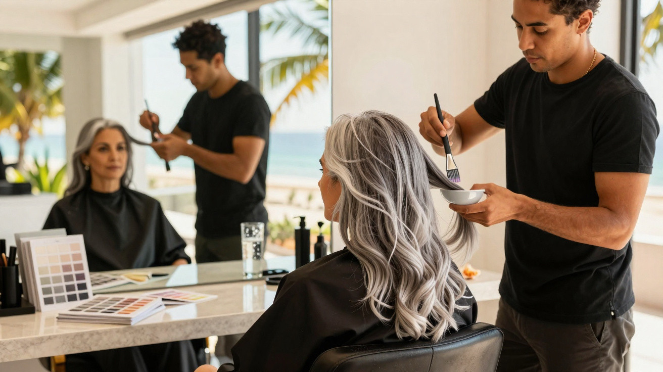 Friseurin trägt Farbe auf die langen, grauen Haare einer Frau im Salon mit Blick aufs Meer auf.