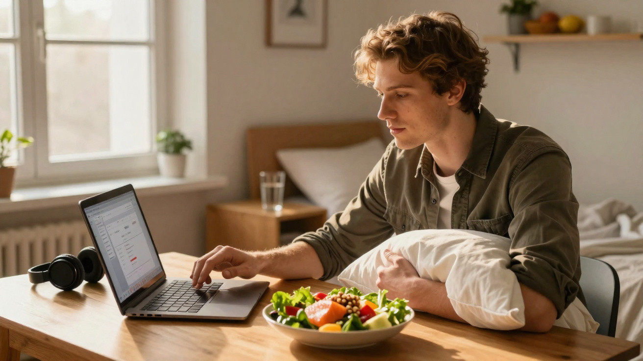 Junger Mann arbeitet zu Hause mit Laptop am Tisch, neben einem Teller mit gesundem Essen.