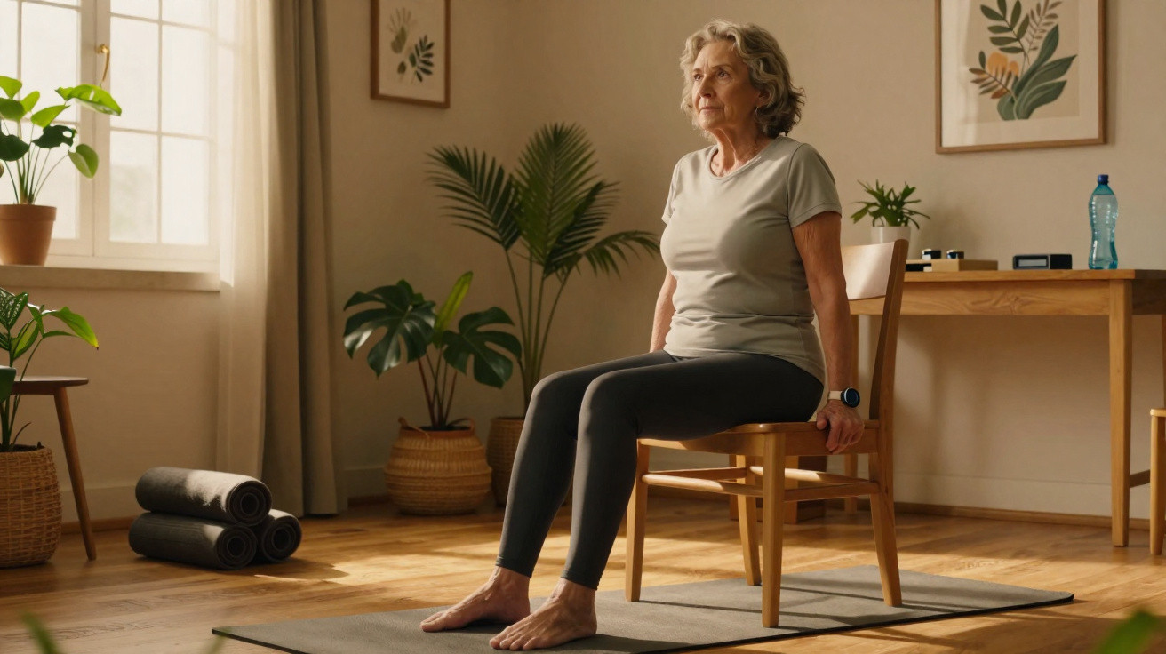 Ältere Frau macht Stuhl-Yogaübungen in einem gemütlichen, mit Pflanzen dekorierten Wohnzimmer.