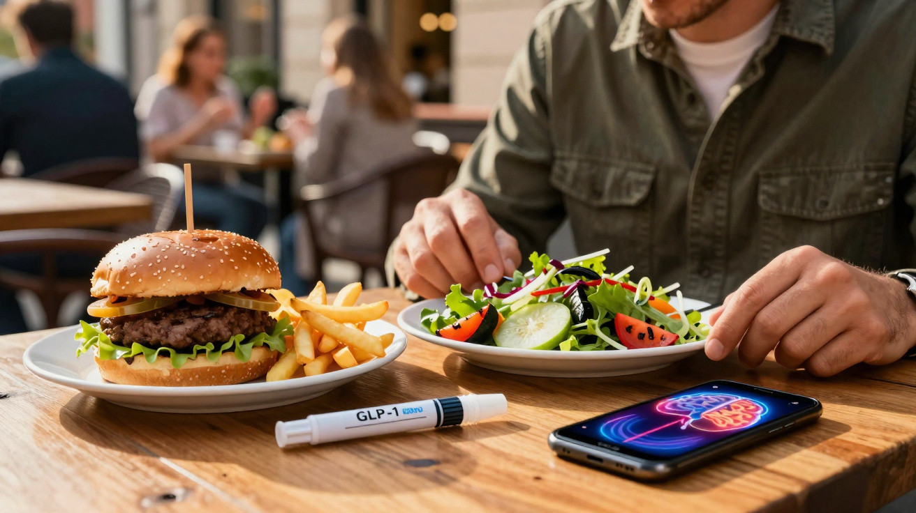 Person sitzt im Restaurant mit Burger, Pommes, Salat, GLP-1 Medikament und Smartphone auf dem Tisch.