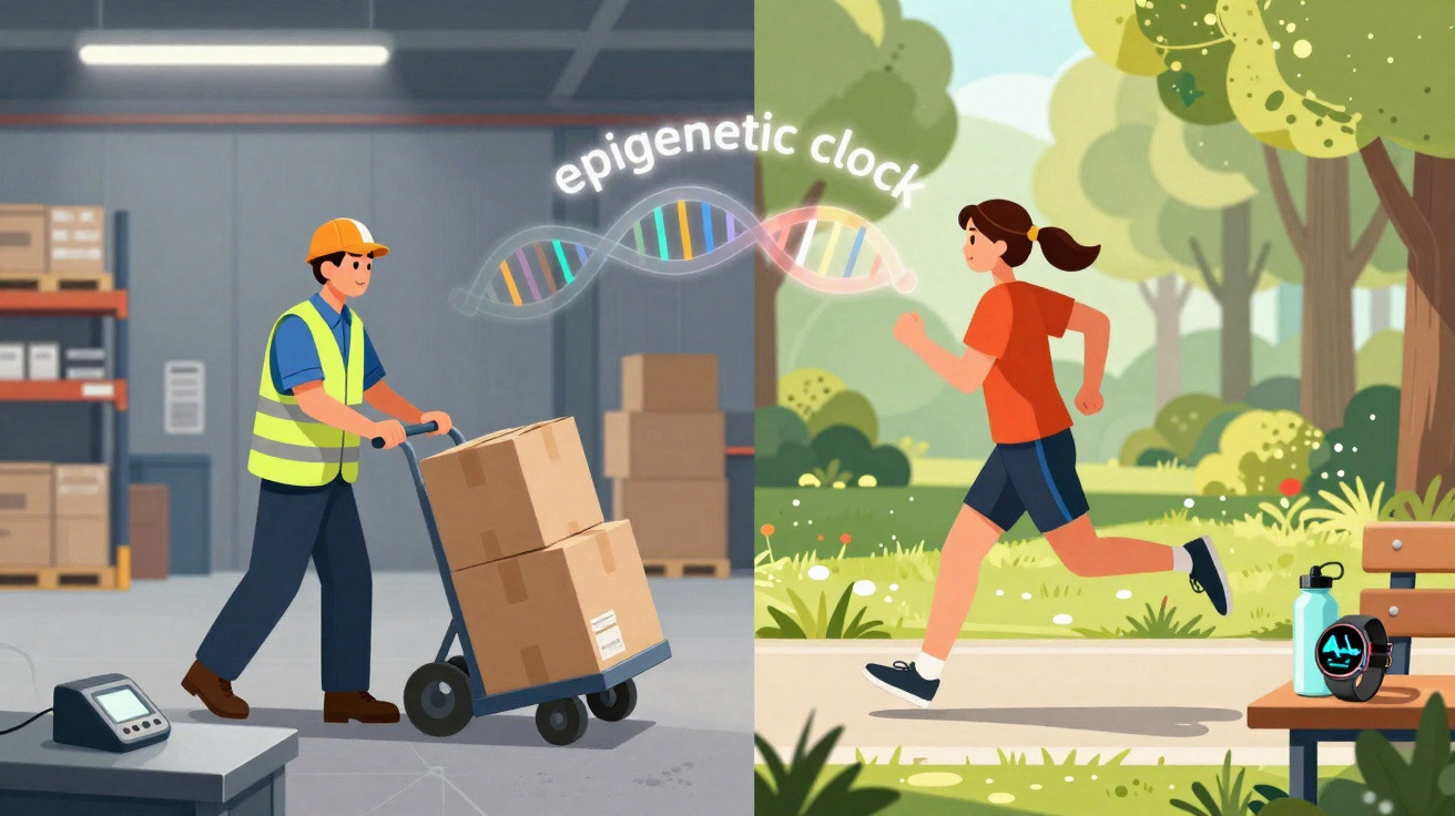 Illustration zeigt Arbeiter im Lager und Frau beim Joggen, verbunden durch DNA-Wendel und Text epigenetic clock.