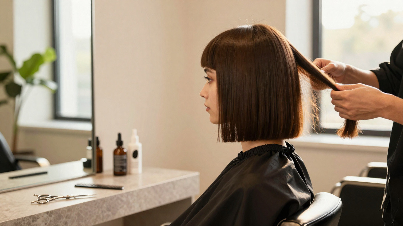 Frau mit kurzem braunem Bob sitzt im Friseursalon, während ihr Haar geschnitten wird.