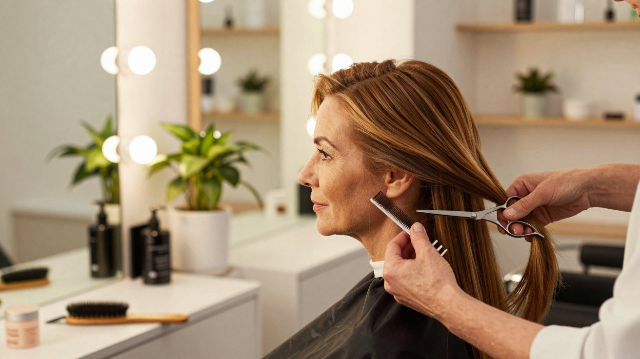 Frau bekommt im Friseursalon von Stylist Haare geschnitten, im hellen Raum mit Spiegel und Pflanzen.