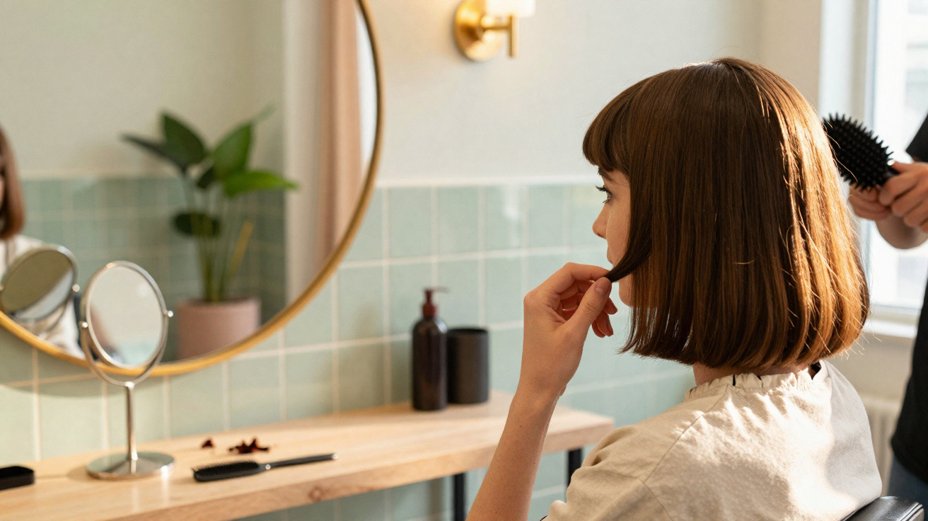 Junge Frau sitzt im Friseursalon, während eine Haarschneideperson ihre Haare kämmt.