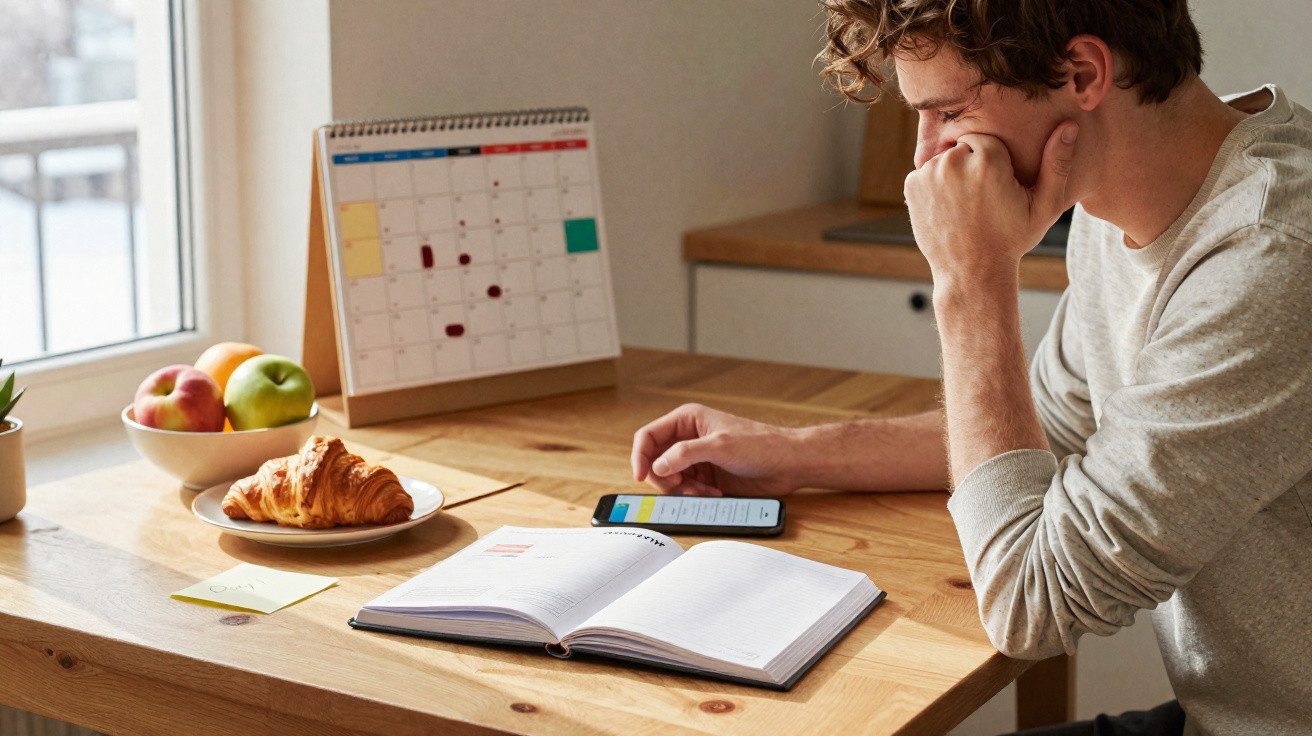 Junger Mann am Tisch liest auf Smartphone, daneben offenes Buch, Kalender, Obst und Croissant.