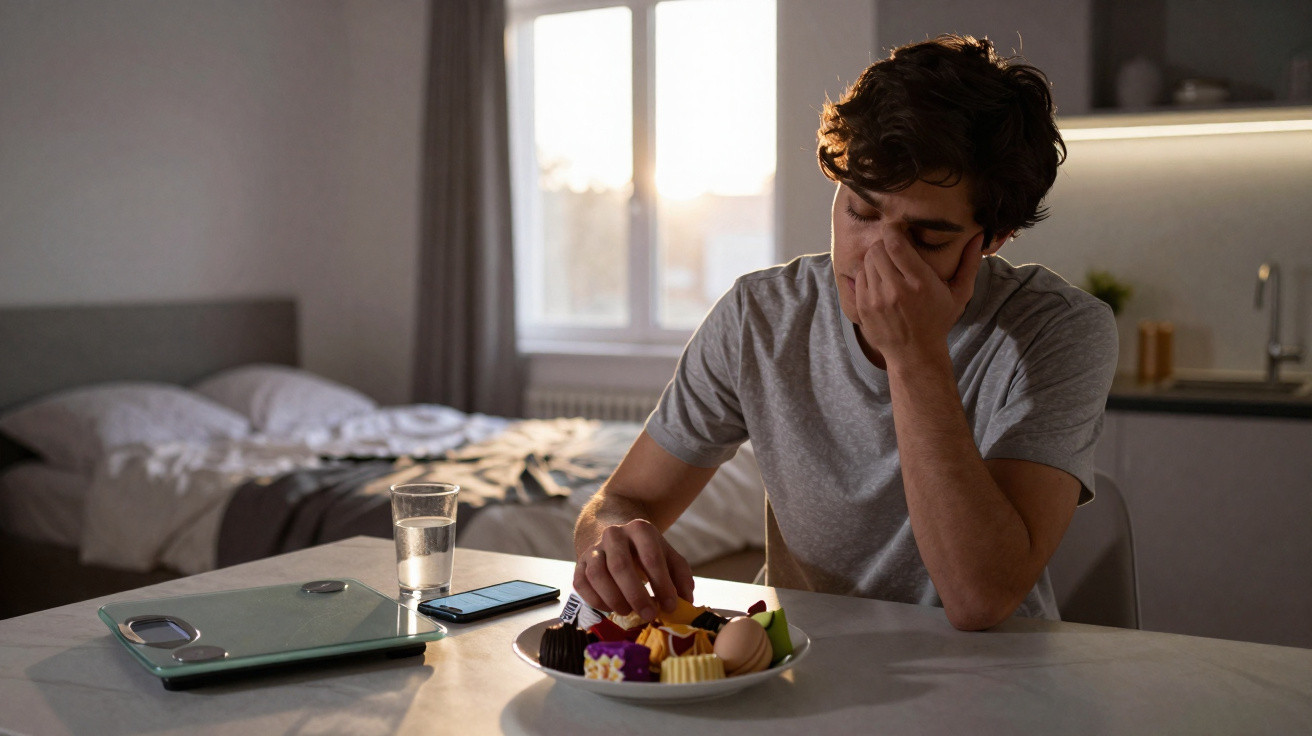 Müder junger Mann sitzt am Tisch und greift nach Pralinen, in modernem Schlafzimmer mit ungemachtem Bett.