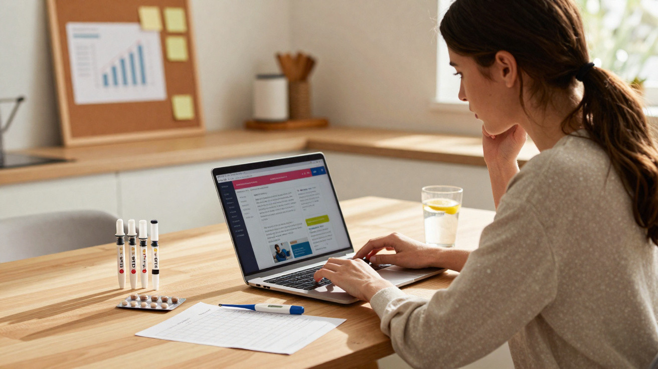 Frau arbeitet am Laptop zu Hause, auf dem Tisch medizinische Spritzen, Tabletten, Stift und Glas Wasser mit Zitrone.