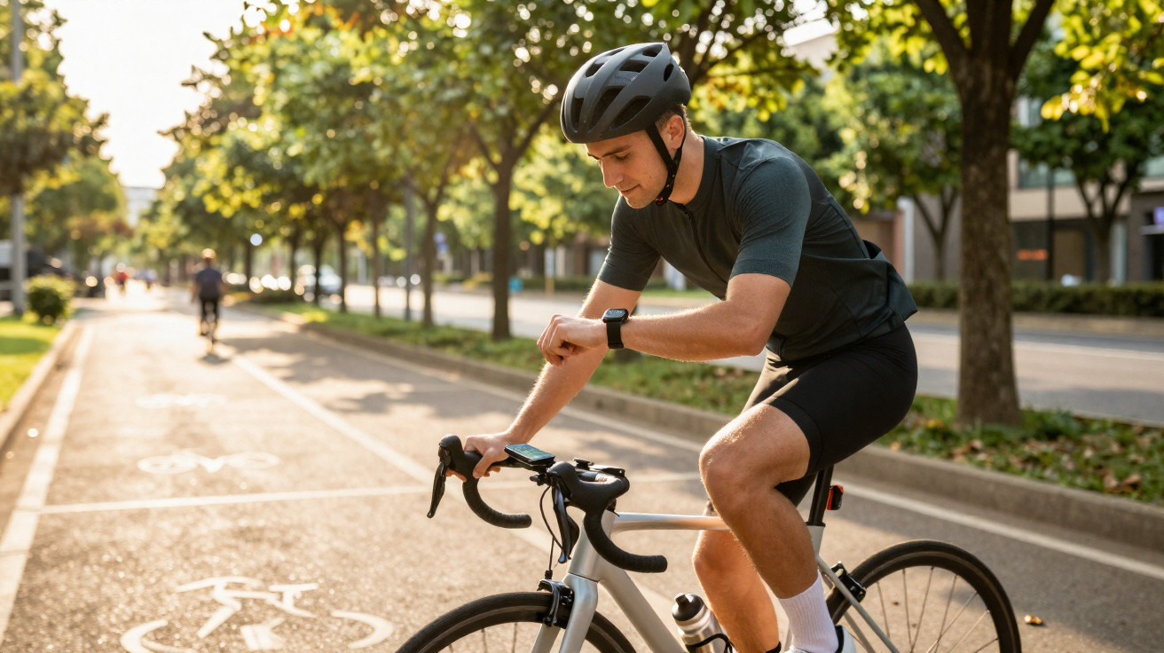Mann mit Fahrradhelm checkt beim Radfahren seine Smartwatch auf einem Radweg in der Stadt.