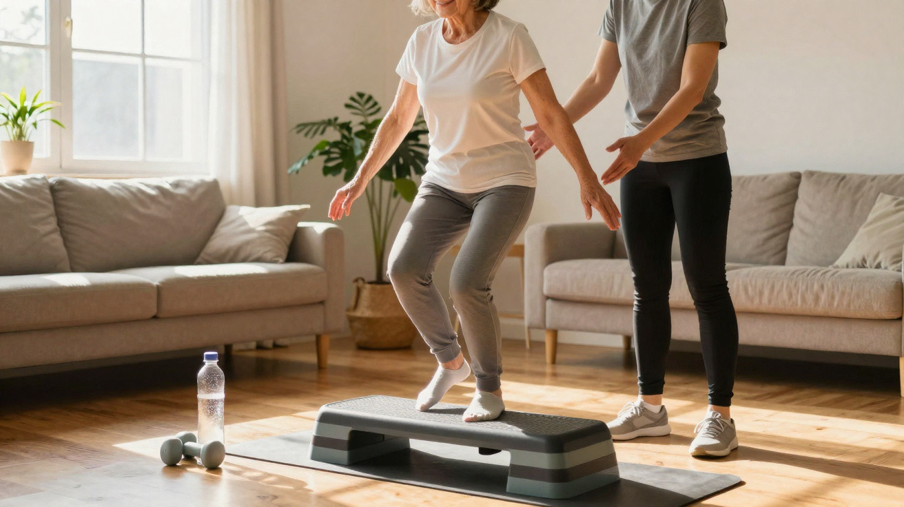 Ältere Frau macht Step-Übung auf Stepper, dabei wird sie von jüngerer Person im Wohnzimmer unterstützt.