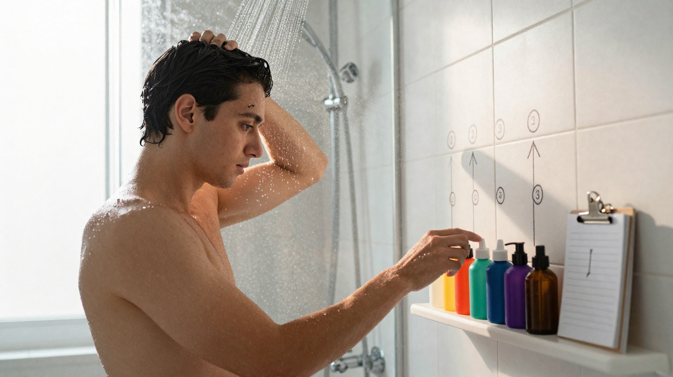 Mann steht unter der Dusche und greift nach einer von sechs farbigen Flaschen auf einem Regal neben ihm.