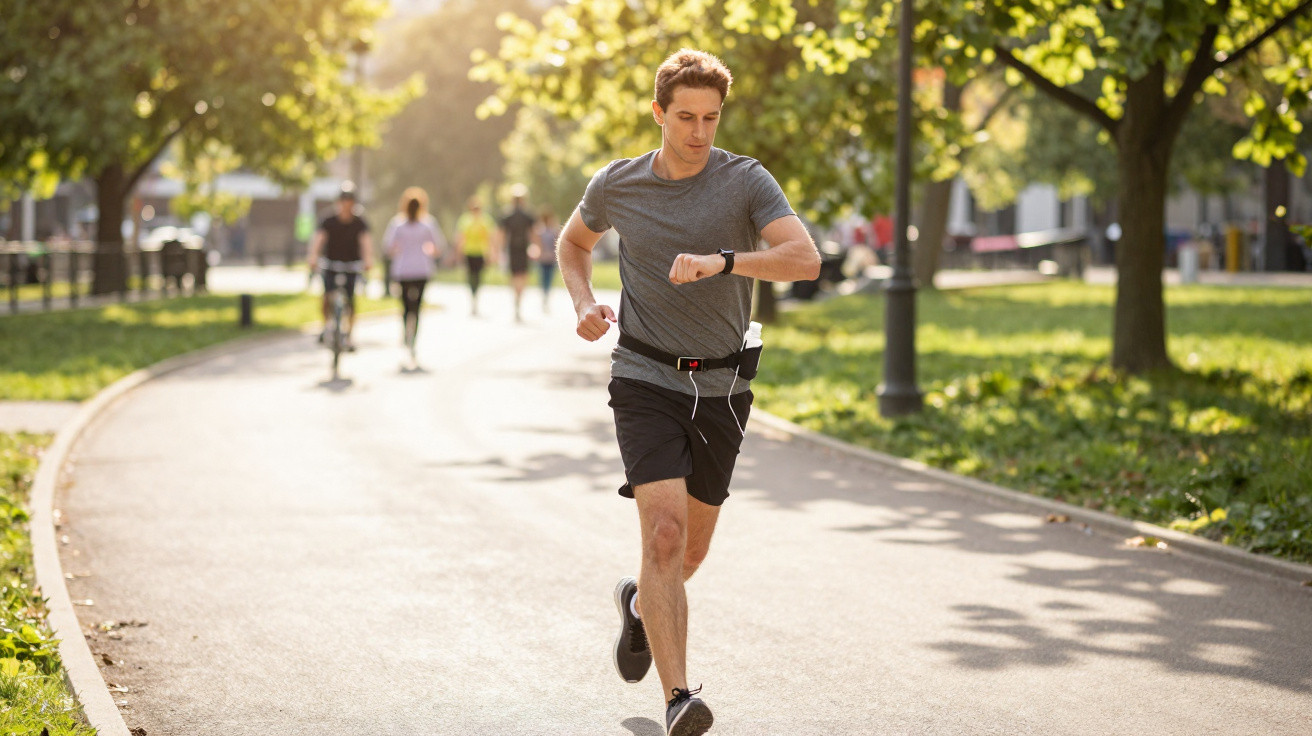 Mann joggt im Park und schaut auf seine Smartwatch, im Hintergrund andere Sportler und Bäume.