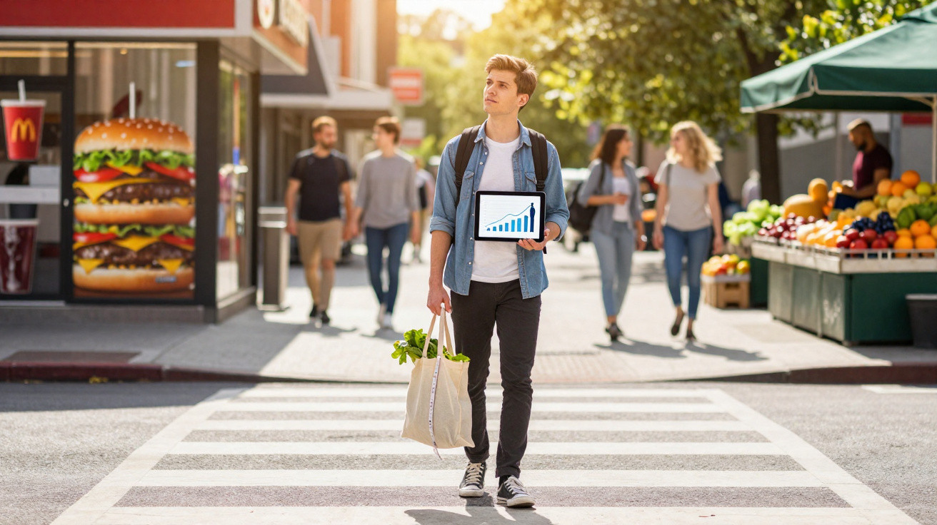 Junger Mann mit Einkaufstasche und Tablet mit Diagramm geht auf belebtem Zebrastreifen in Stadt.