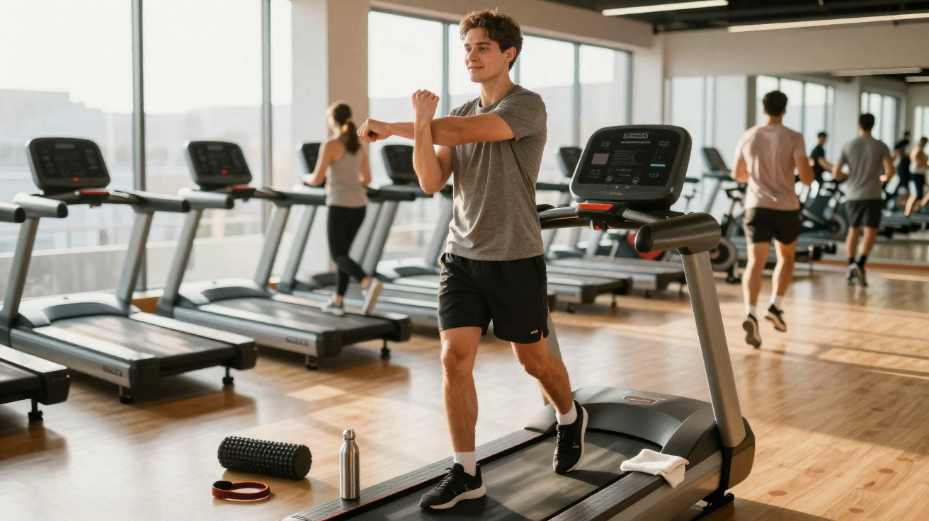 Junger Mann dehnt sich auf dem Laufband in einem hellen Fitnessstudio mit anderen trainierenden Personen.