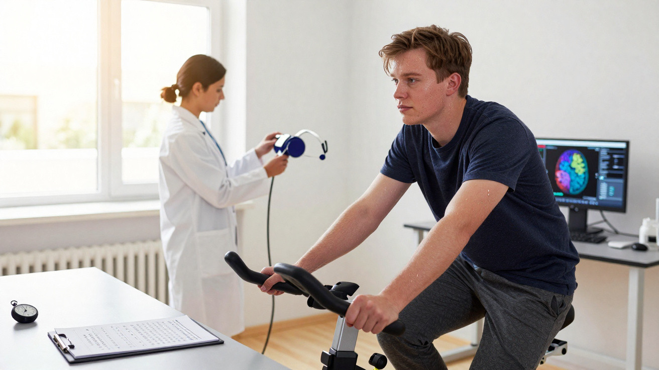 Junger Mann auf Heimtrainer bei medizinischer Untersuchung mit Ärztin im weißen Kittel im Hintergrund.
