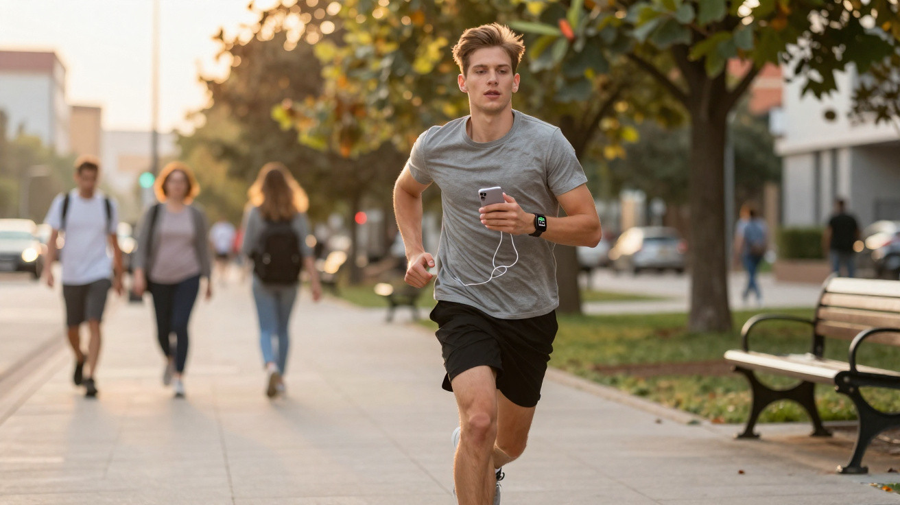 Junger Mann joggt im Park mit Smartphone und Kopfhörern, Passanten im Hintergrund.