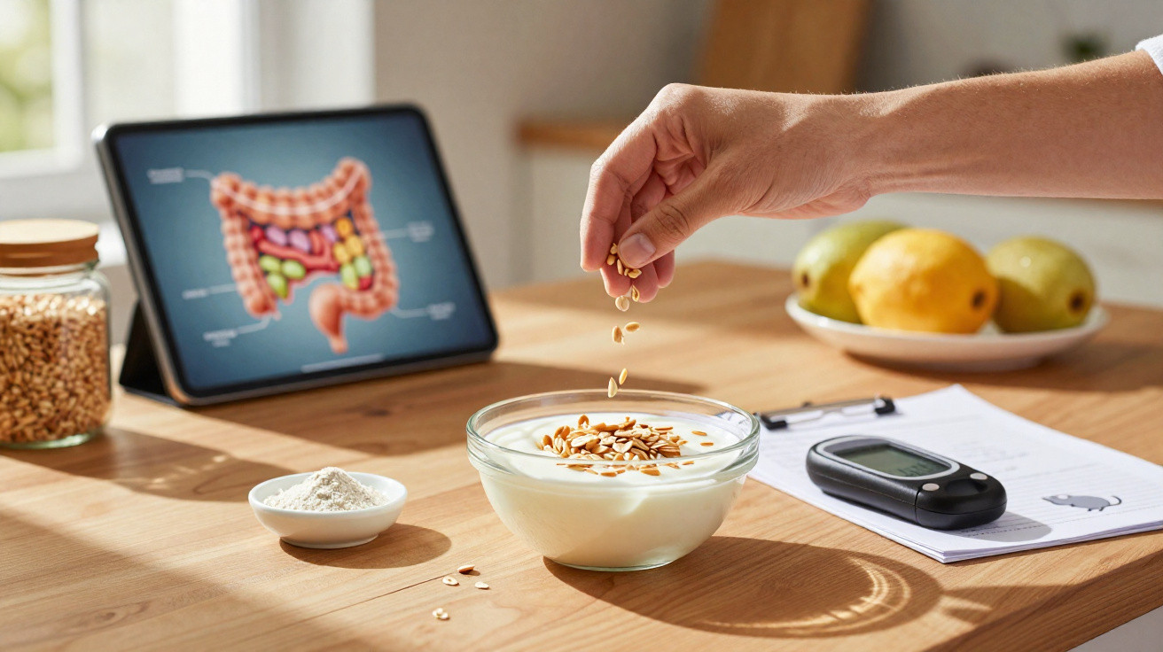 Hand streut Saaten auf Joghurt vor Tablet mit Darmgrafik und Blutzuckermessgerät auf Tisch.